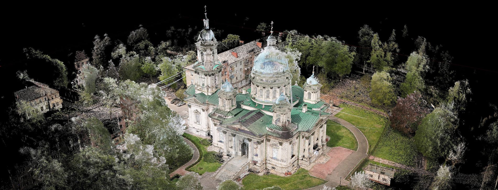 Trinity Cathedral — registered colorized point cloud, captured by VOLUMON via combined aerial drone and ground laser scanning